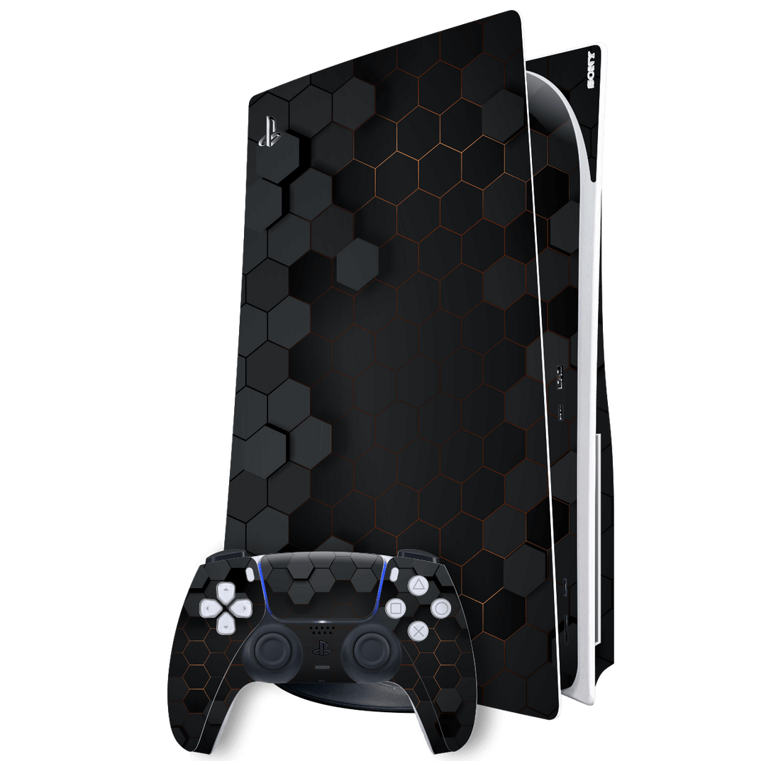 PlayStation 5 (PS5) DISC Edition Black-Gold Hexagon Skin, Wrap – EasySkinz™
